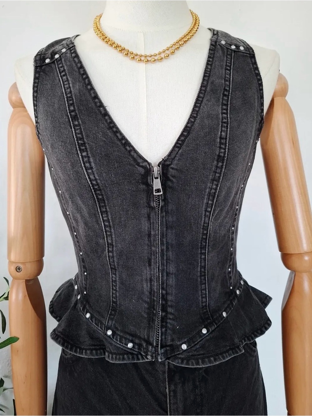 wild fable Black Denim corset Zip-Front Top with Stud Accents